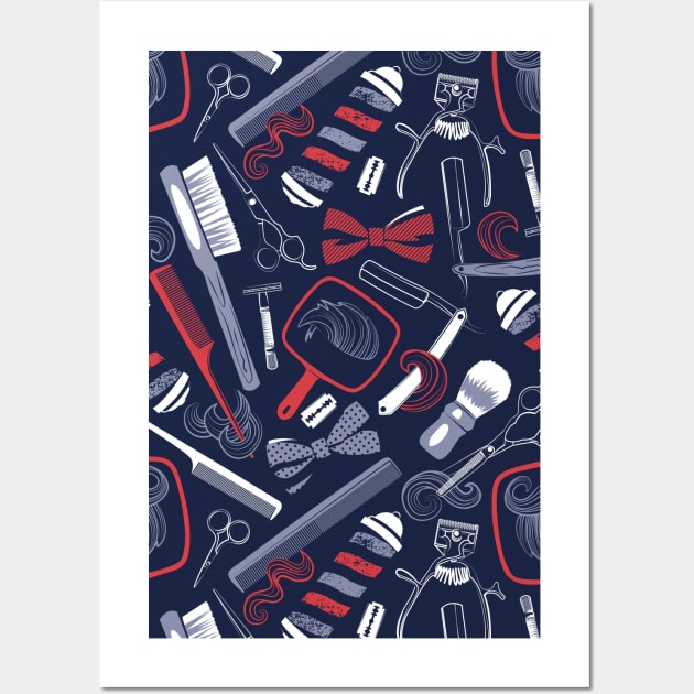 Shear shave shine // pattern // midnight blue background red white and blue vintage barber shop tools Wall Art by SelmaCardoso